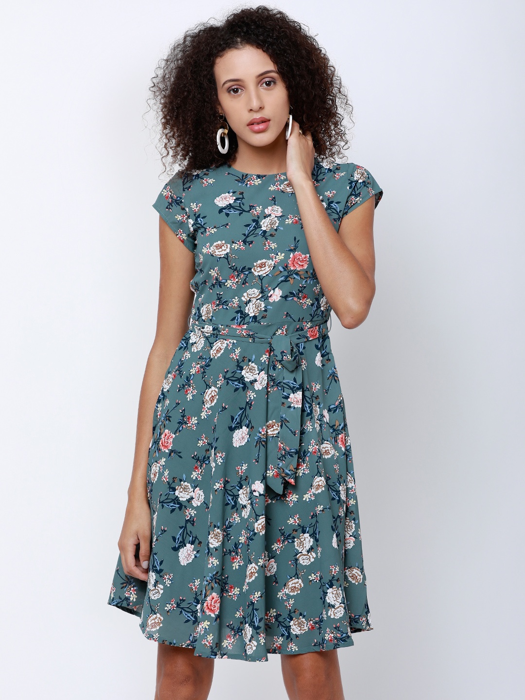 

Tokyo Talkies Women Semi-Fit Teal Printed Fit and Flare Dress