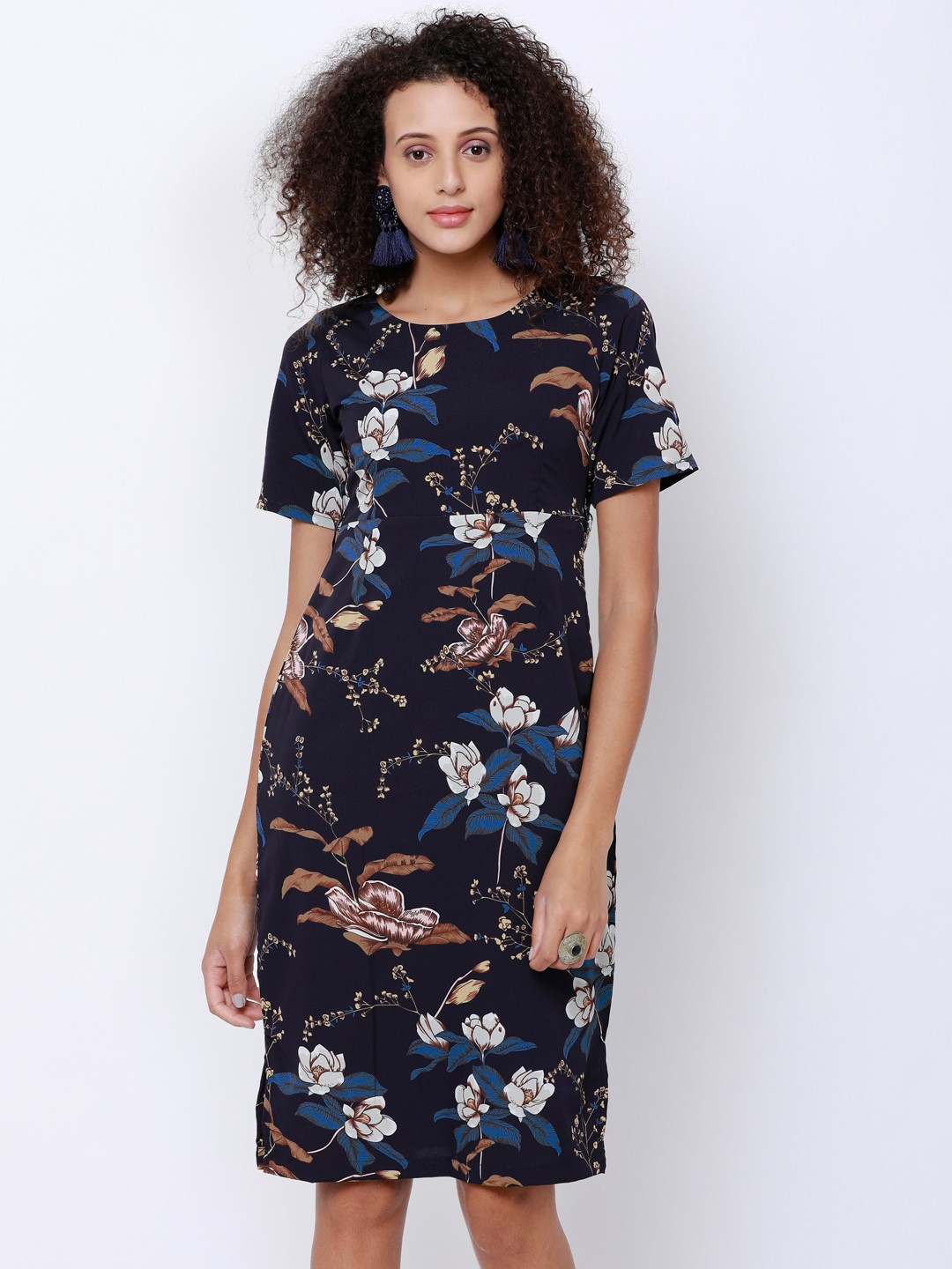 

Tokyo Talkies Women Fitted Navy Blue Printed Sheath Dress