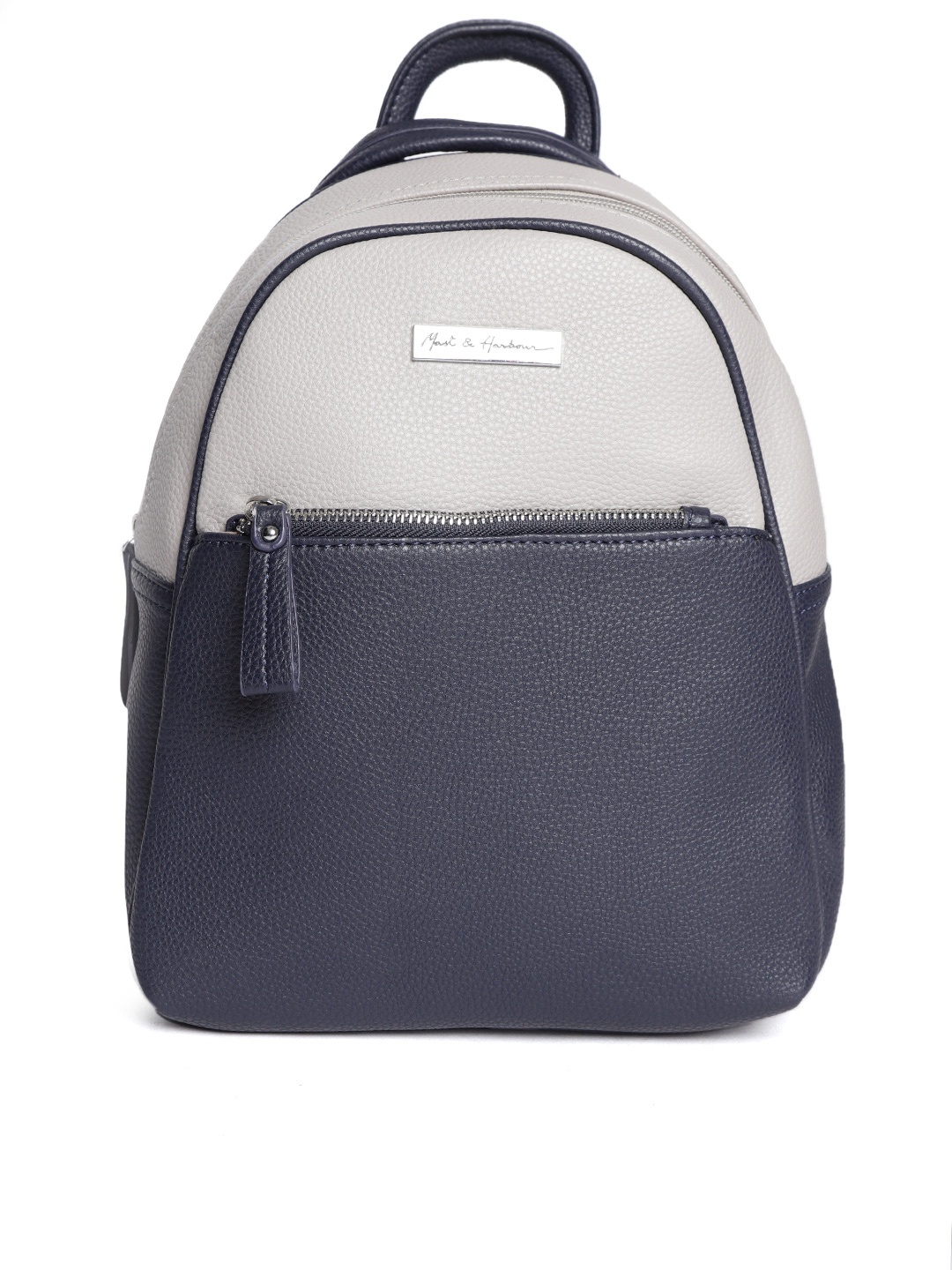 

Mast & Harbour Women Grey & Navy Blue Colourblocked Backpack