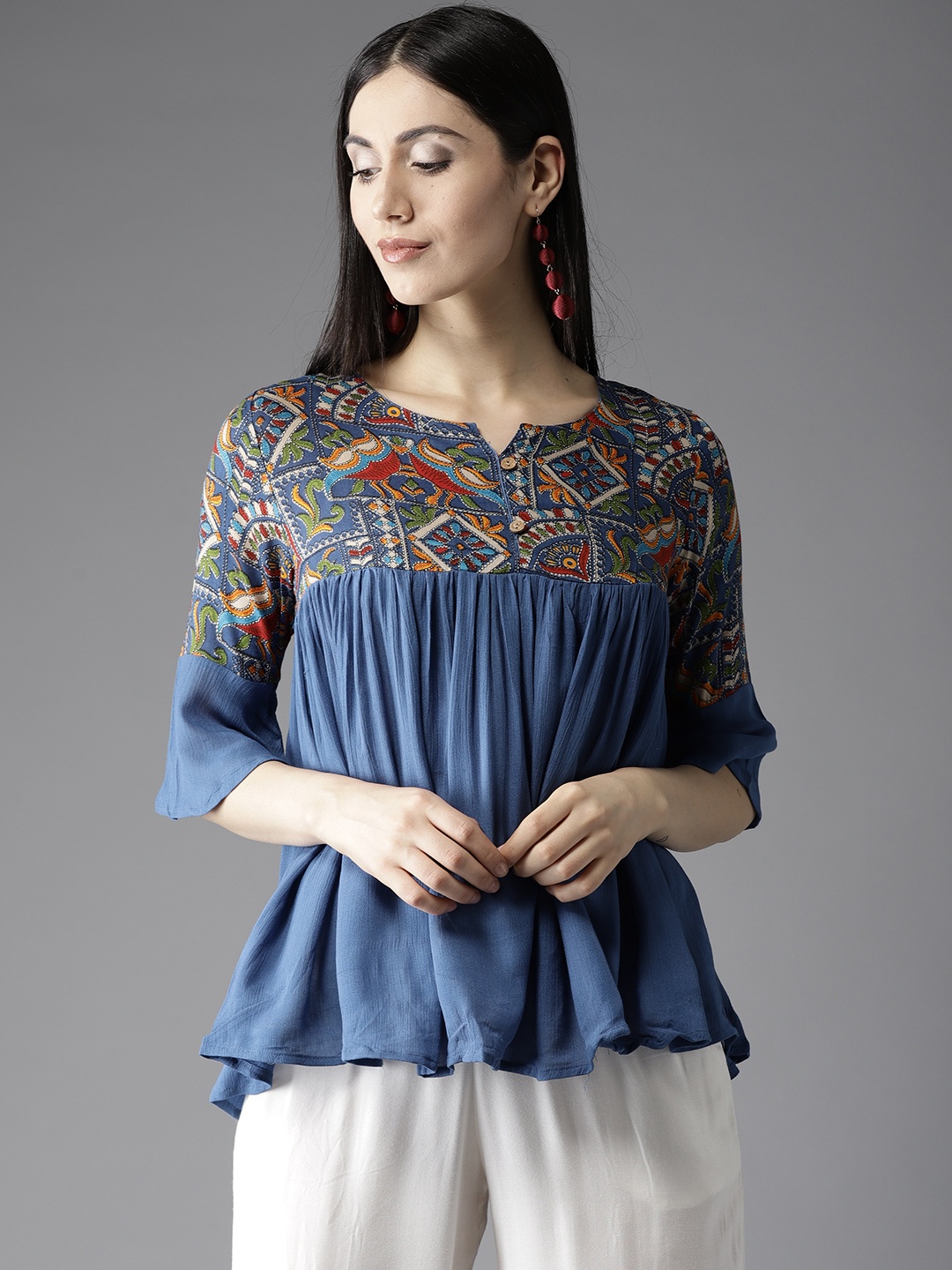 

HERE&NOW Blue Ethnic Motifs Bell Sleeves A-Line Top