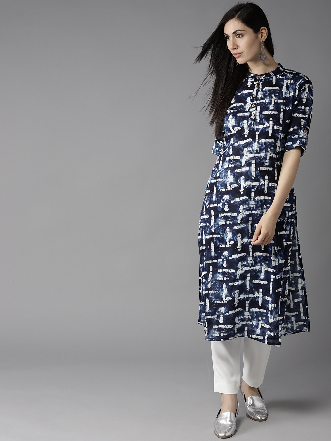 

HERE&NOW Women Navy Blue & Off-White Printed Straight Kurta