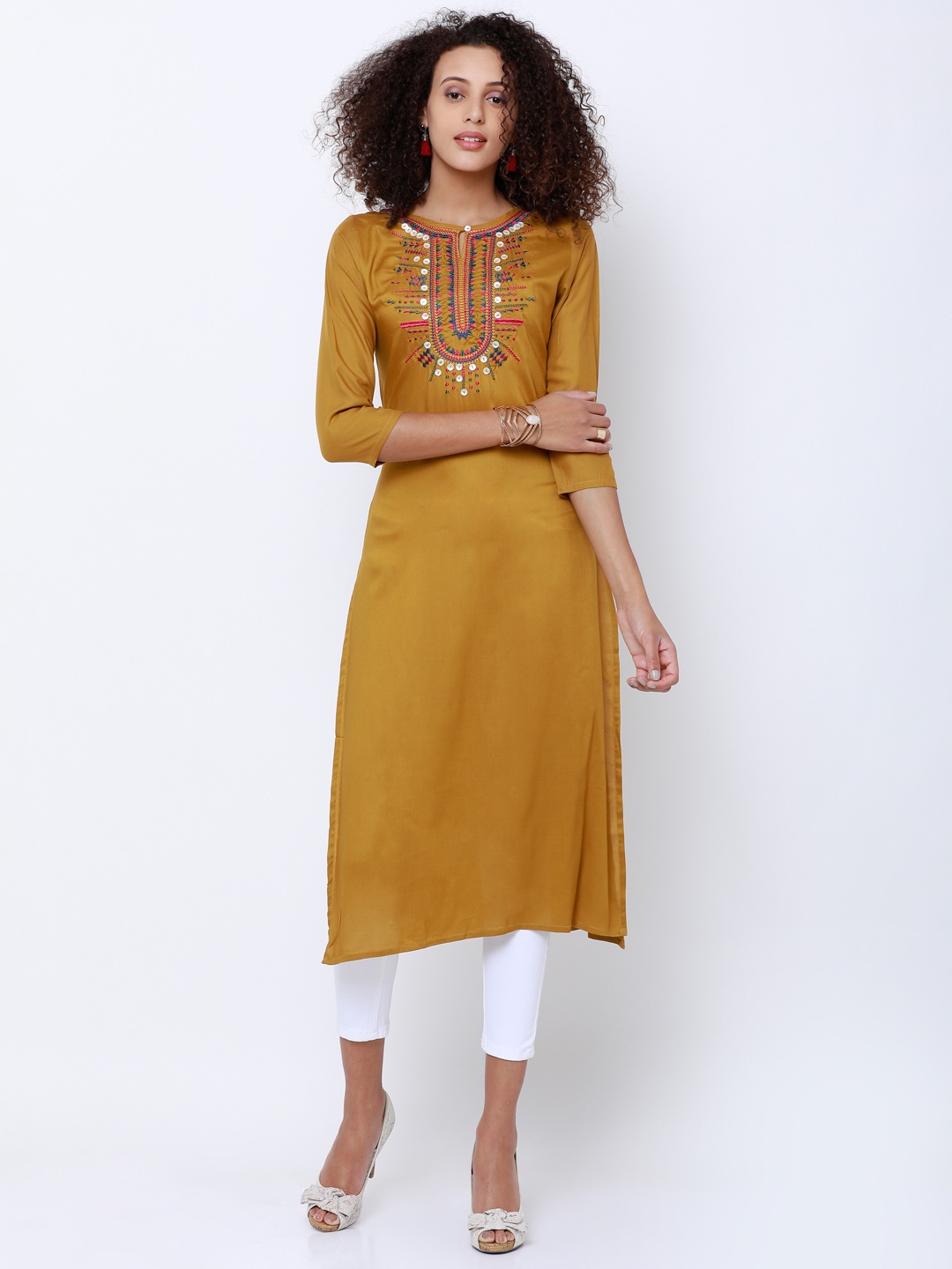 

Vishudh Women Mustard Solid Straight Kurta