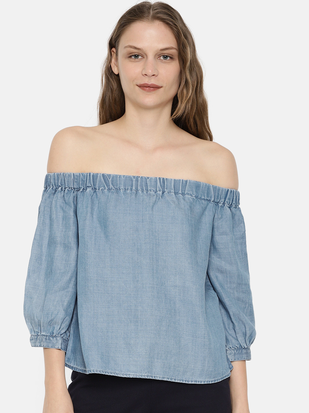 

ONLY Women Blue Solid Bardot Top