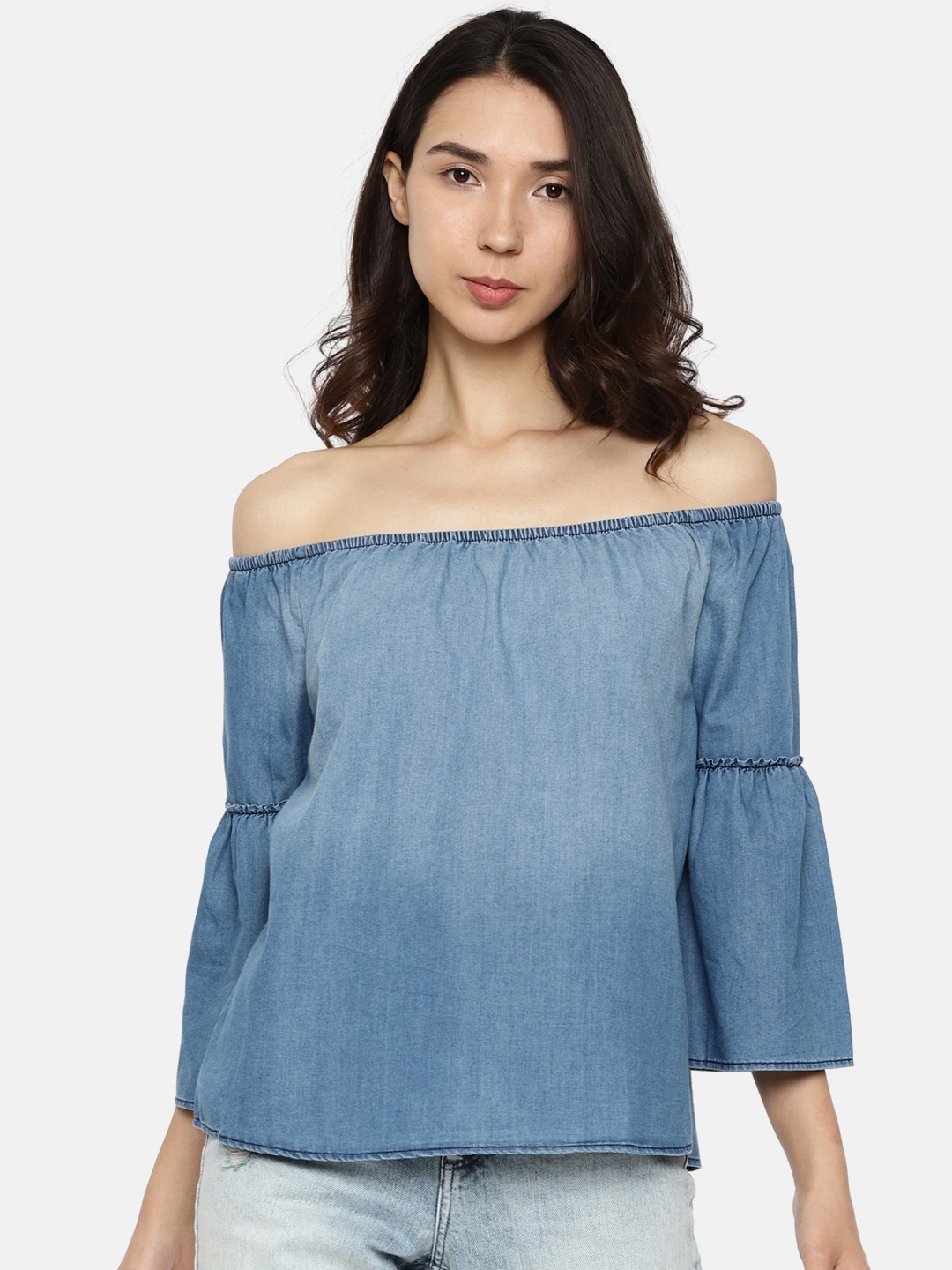 

ONLY Women Blue Solid Bardot Top