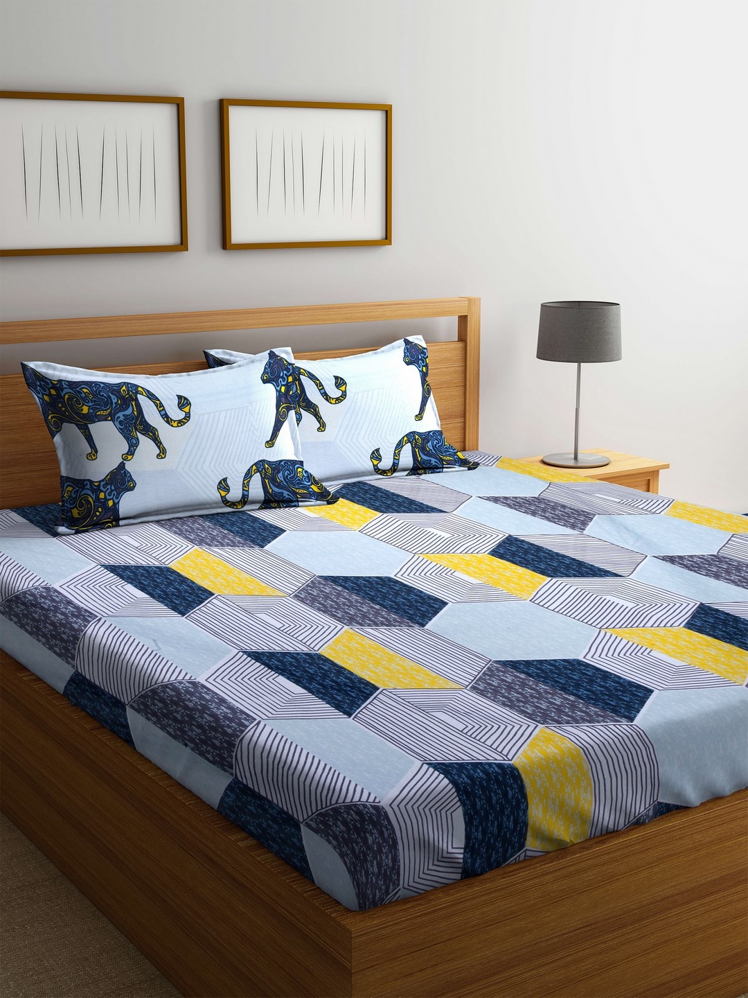 

BIANCA Blue & Yellow Abstract Flat 144 TC Cotton 1 Extra Large Bedsheet with 2 Pillow Covers