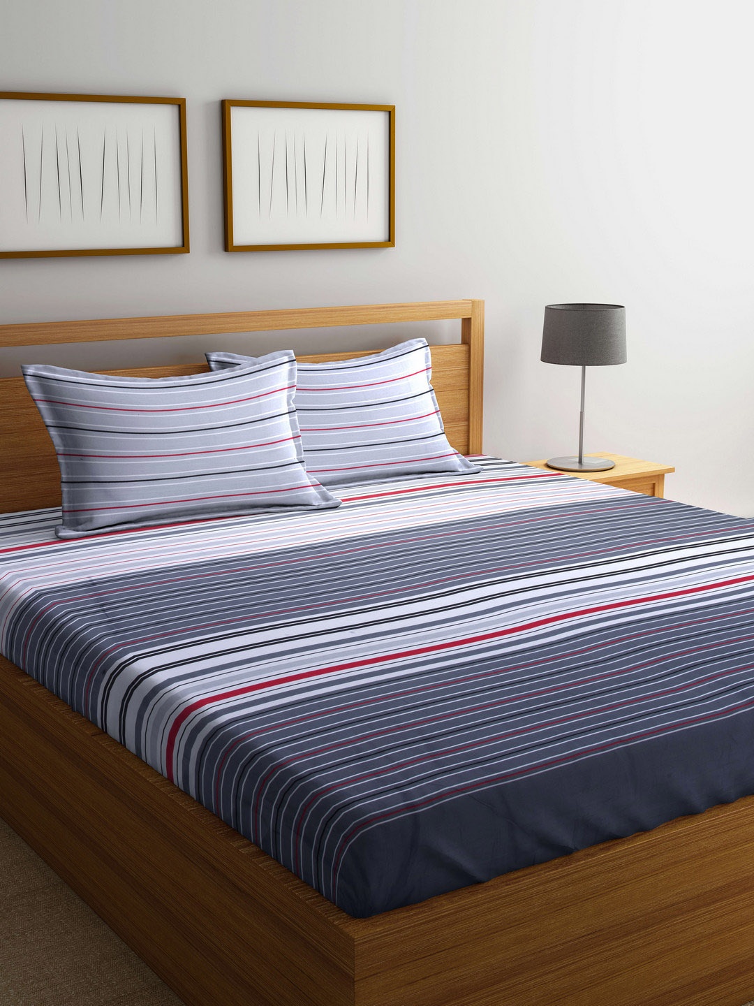 

BIANCA Grey Striped Flat 180 TC Cotton 1 Double King Bedsheet with 2 Pillow Covers