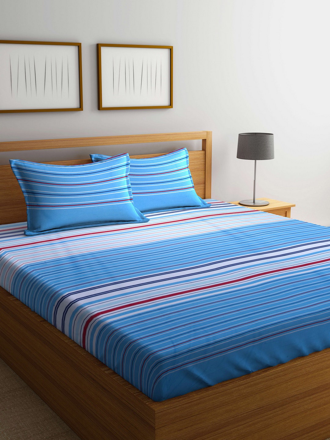 

BIANCA Blue Striped Flat 180 TC Cotton 1 Double King Bedsheet with 2 Pillow Covers