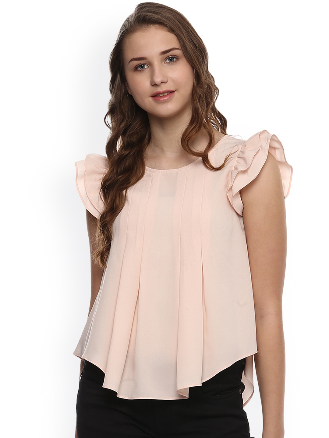 

QUIERO Women Peach-Coloured Solid Blouson Top