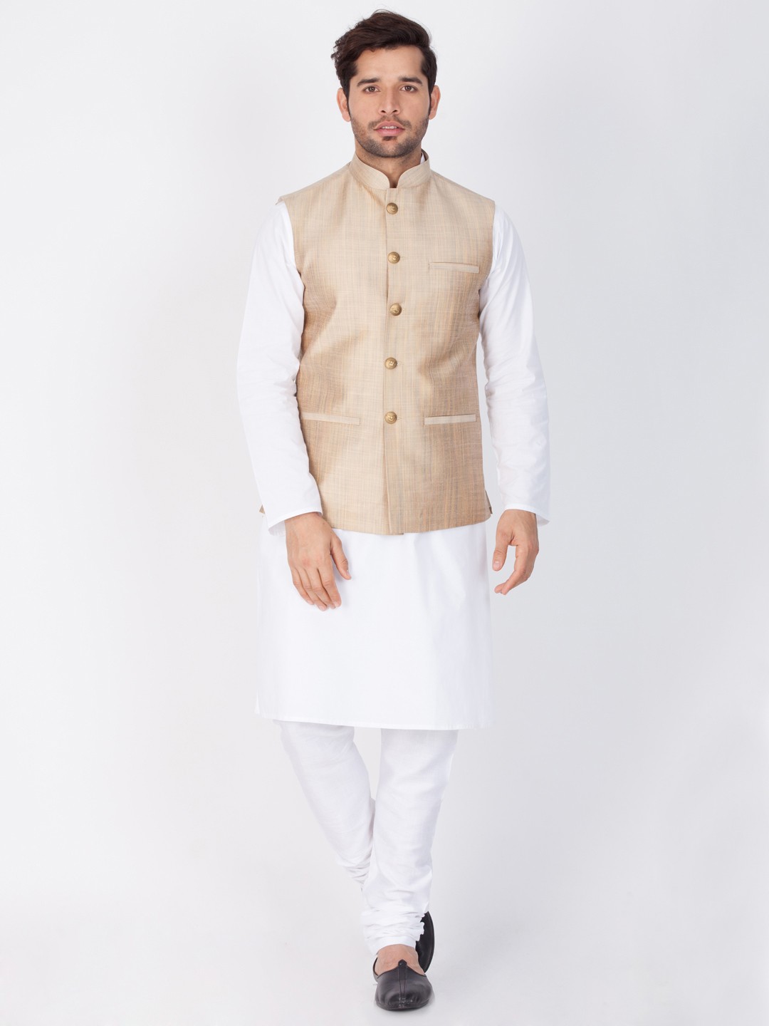 

VASTRAMAY Men Beige & White Solid Kurta with Churidar
