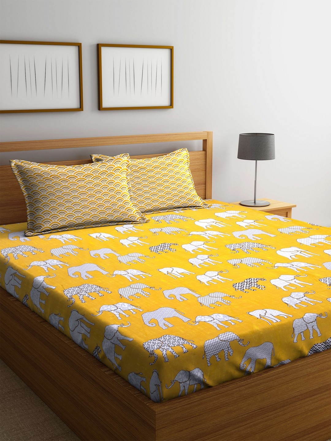 

BIANCA Yellow Conversational Flat 144 TC Cotton Extra Large Bedsheet with 2 Pillow Covers