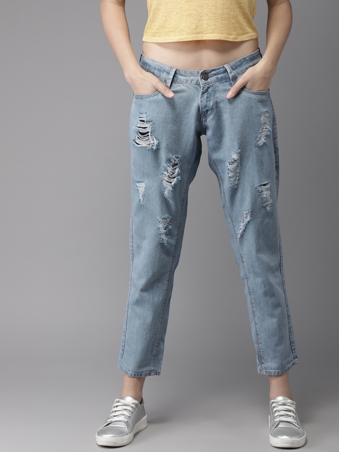 

HERE&NOW Women Blue Boyfriend Fit Mid-Rise Highly Distressed Cropped Jeans