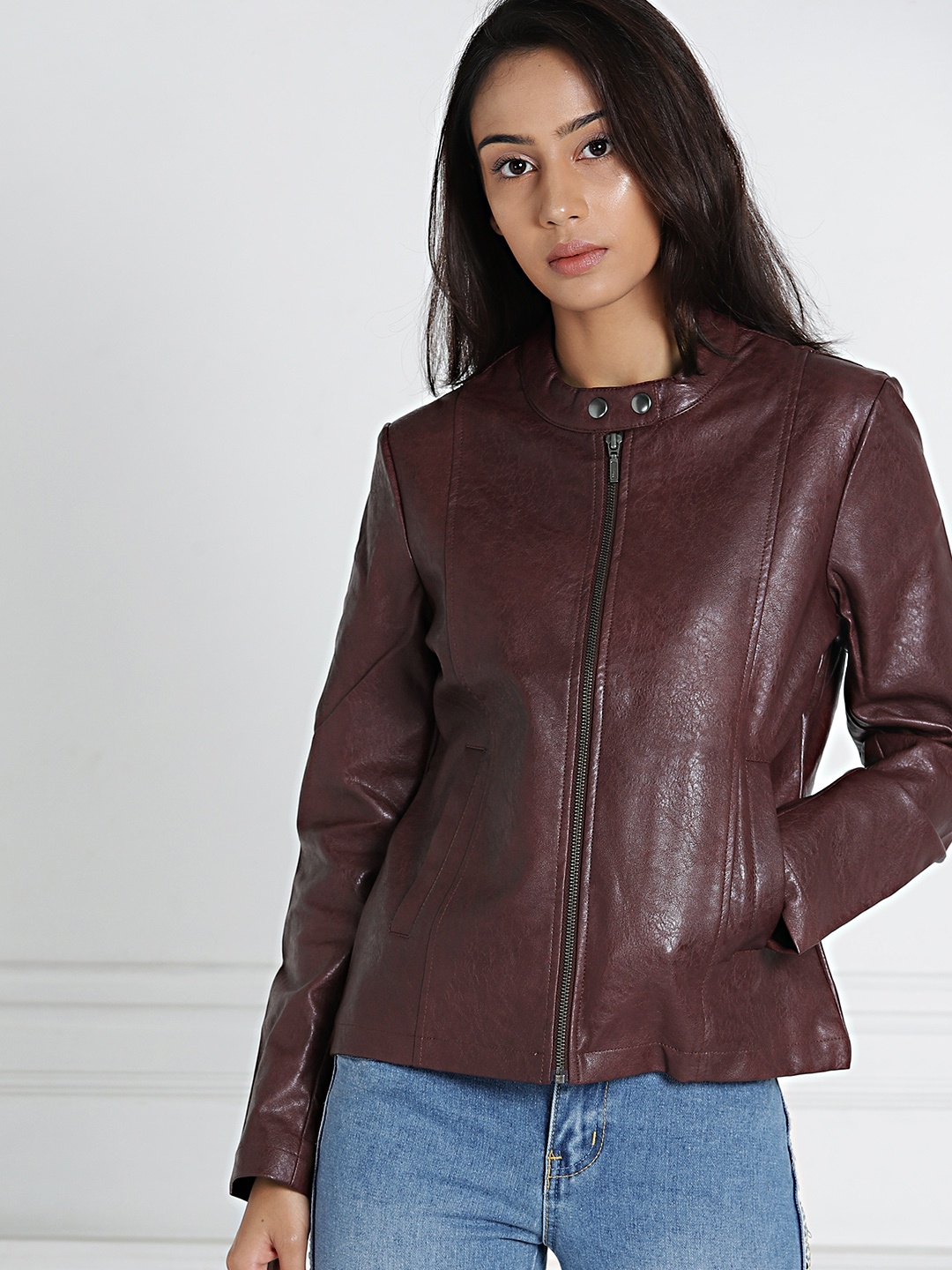 

all about you Women Maroon Solid Biker Jacket