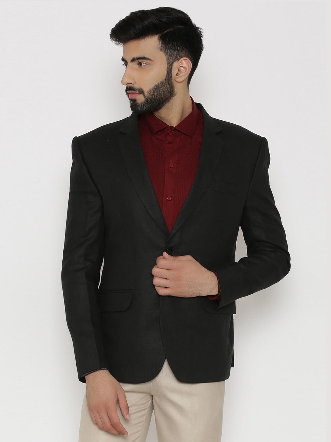 

Wintage Black Single-Breasted Tailored Fit Linen Formal Blazer