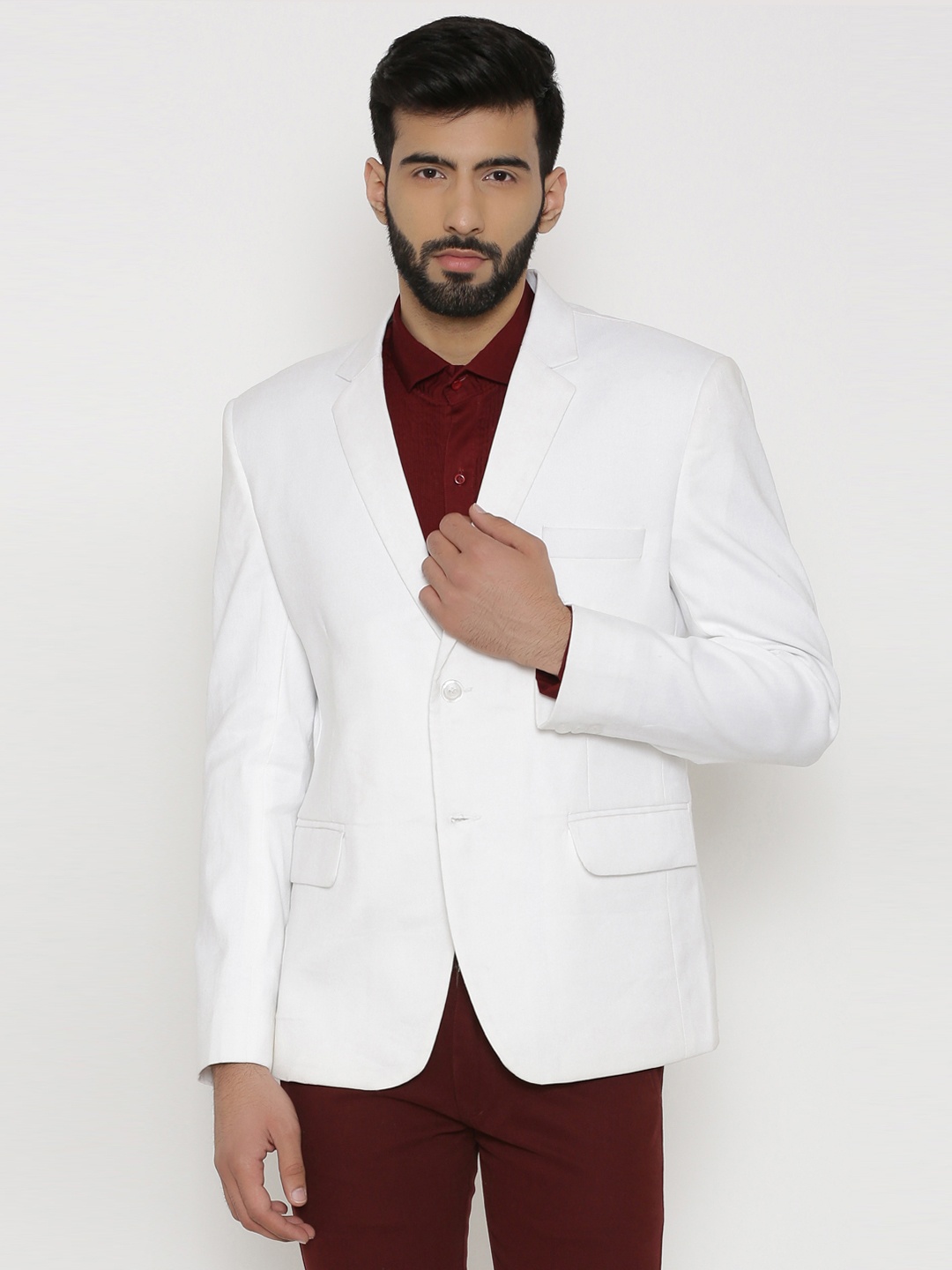 

Wintage White Checked Single-Breasted Tailored Fit Linen Formal Blazer
