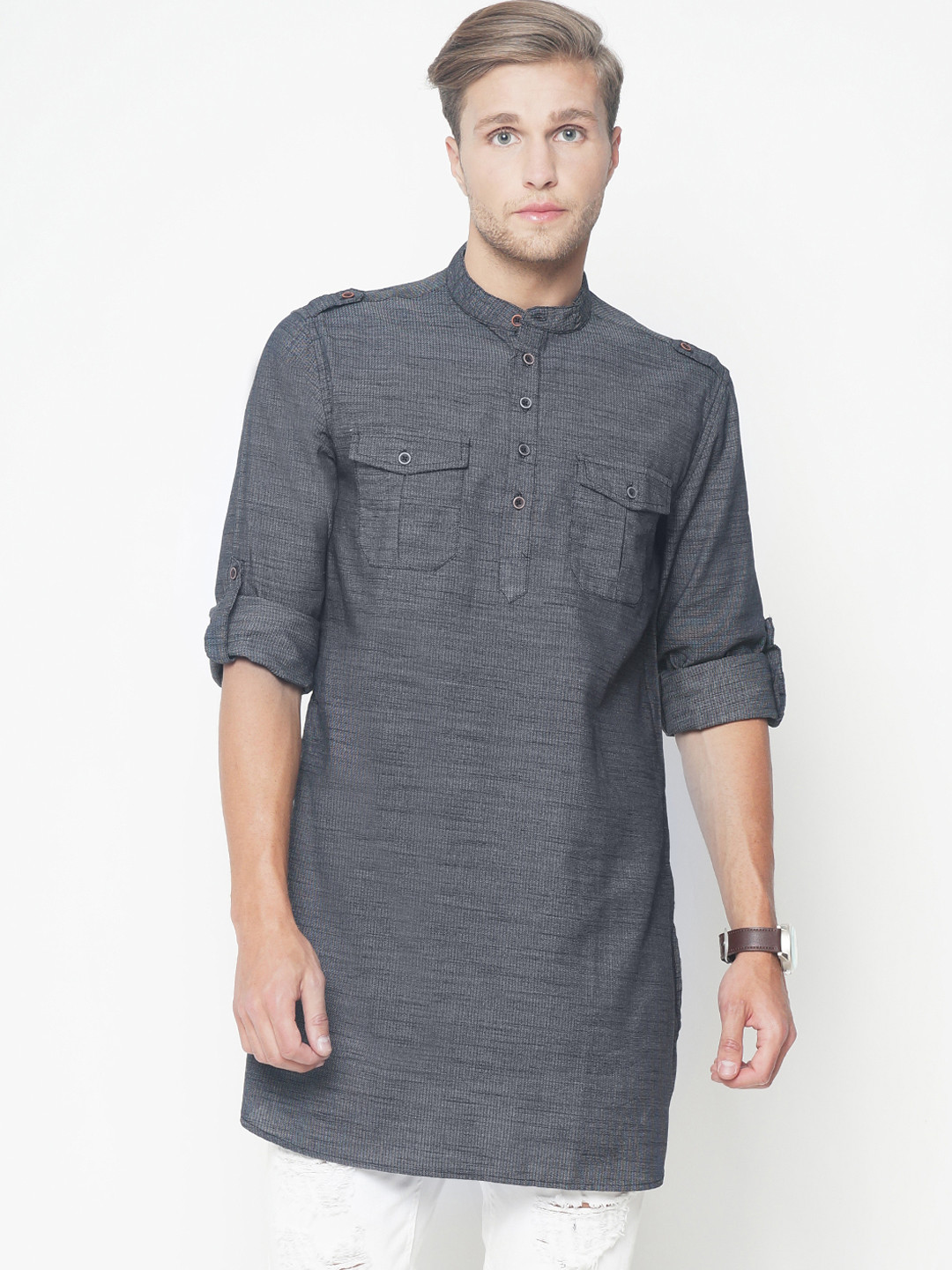 

Freehand Men Navy Blue & Grey Solid Straight Kurta