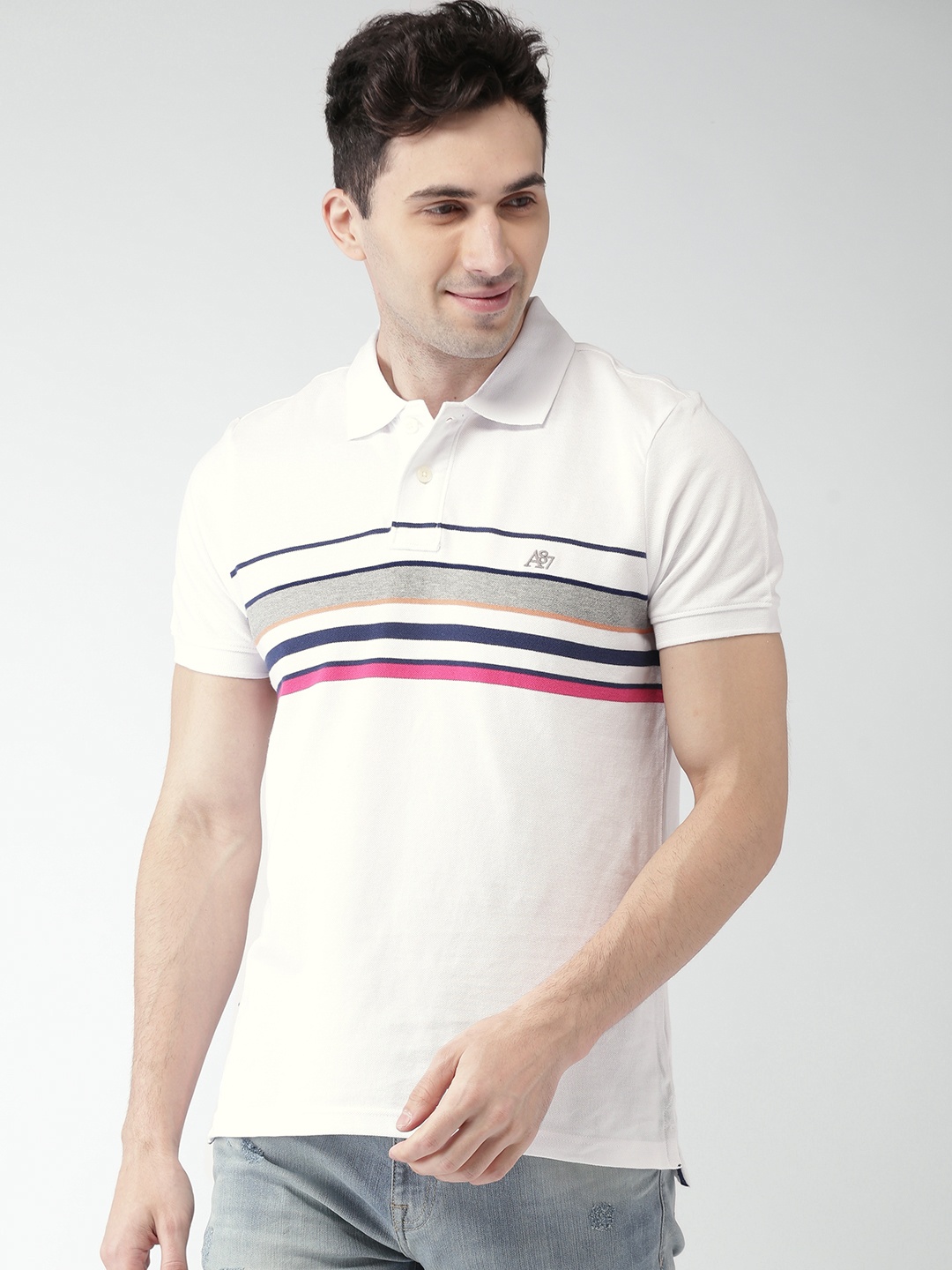 

Aeropostale Men White Striped Polo Collar T-shirt