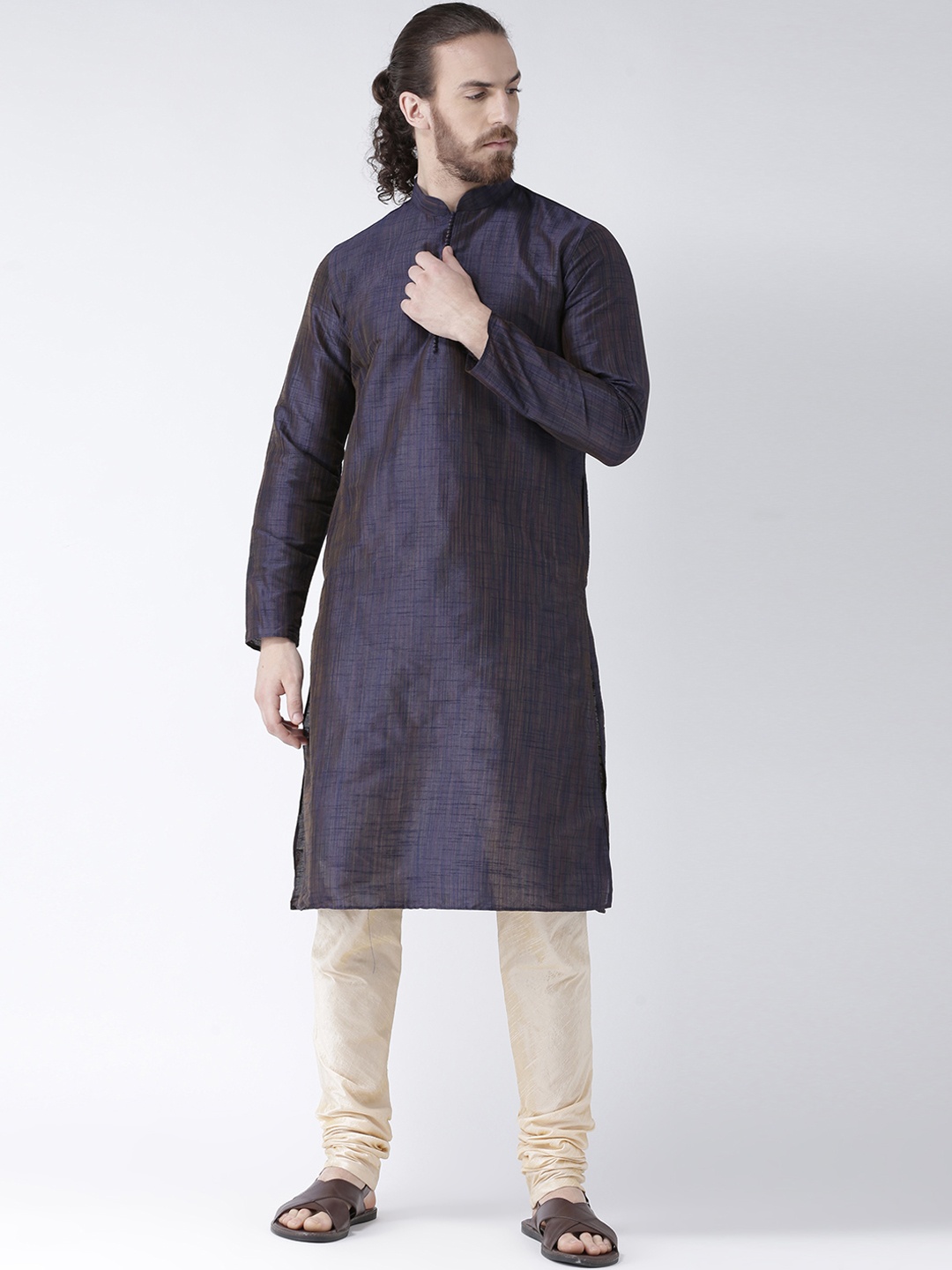 

DEYANN Men Navy Blue & Cream-Coloured Solid Kurta with Pyjamas