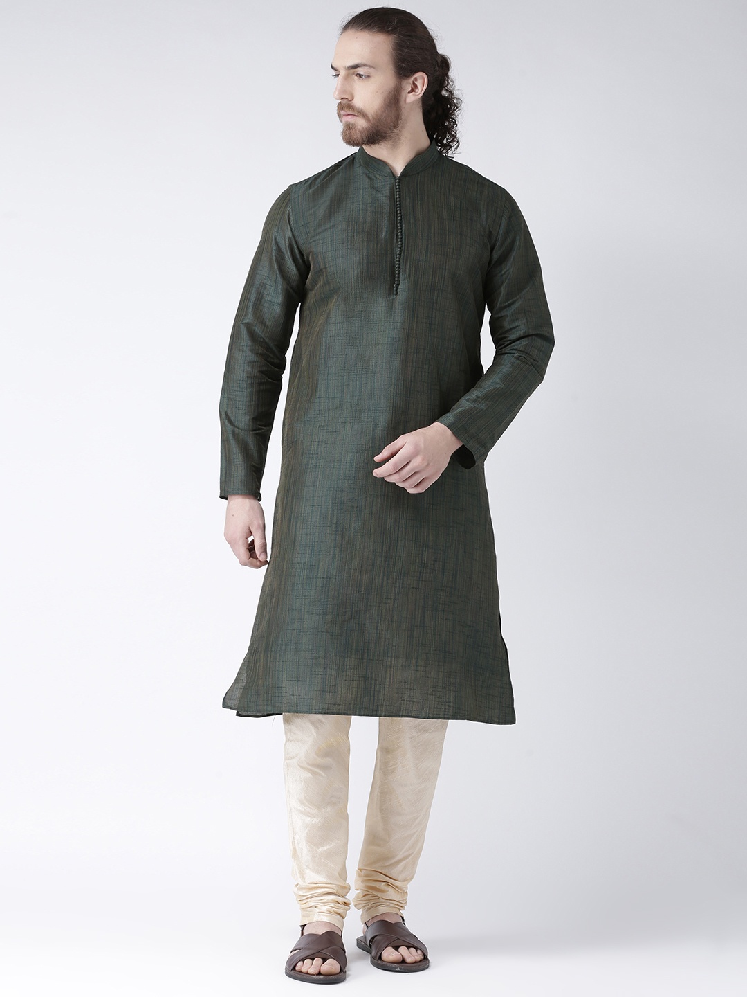 

DEYANN Men Olive Green & Cream-Coloured Solid Kurta with Churidar
