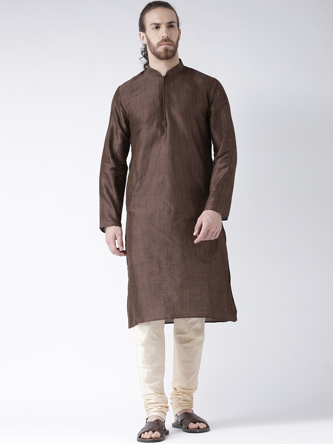 

DEYANN Men Coffee Brown & Cream-Coloured Solid Kurta with Churidar