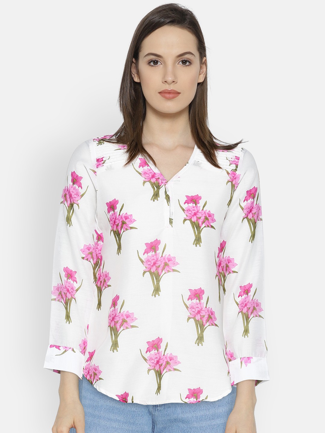 

Rangriti Women Off-White & Pink Floral Print Top
