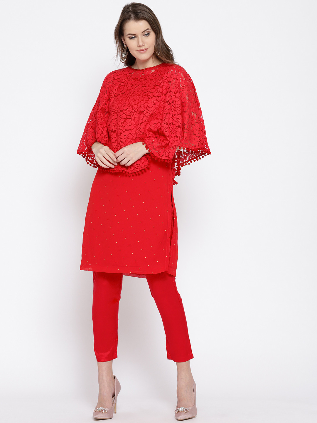 

Rangriti Women Red Printed Layered Kurta with Trousers