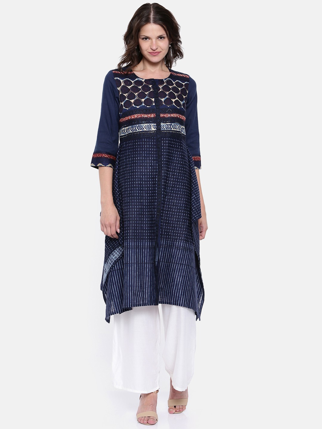 

RANGMANCH BY PANTALOONS Women Navy Blue Printed Asymmetric Hemline Straight Kurta