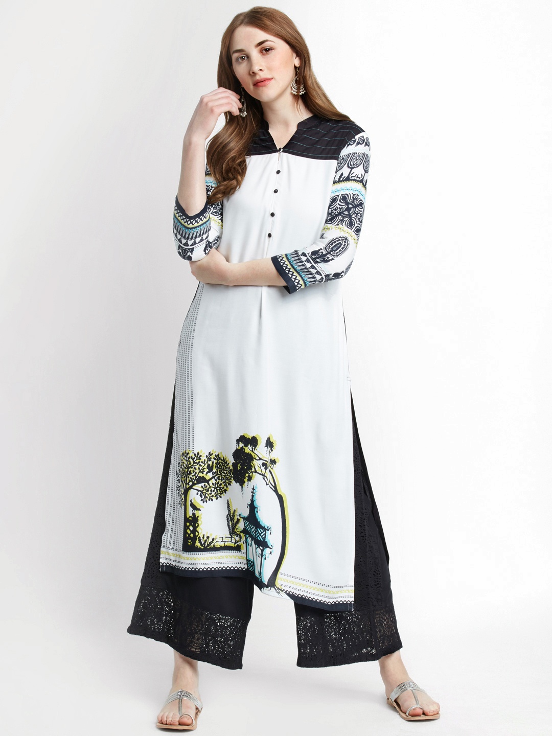 

RANGMANCH BY PANTALOONS Women White & Black Printed Straight Handloom Kurta