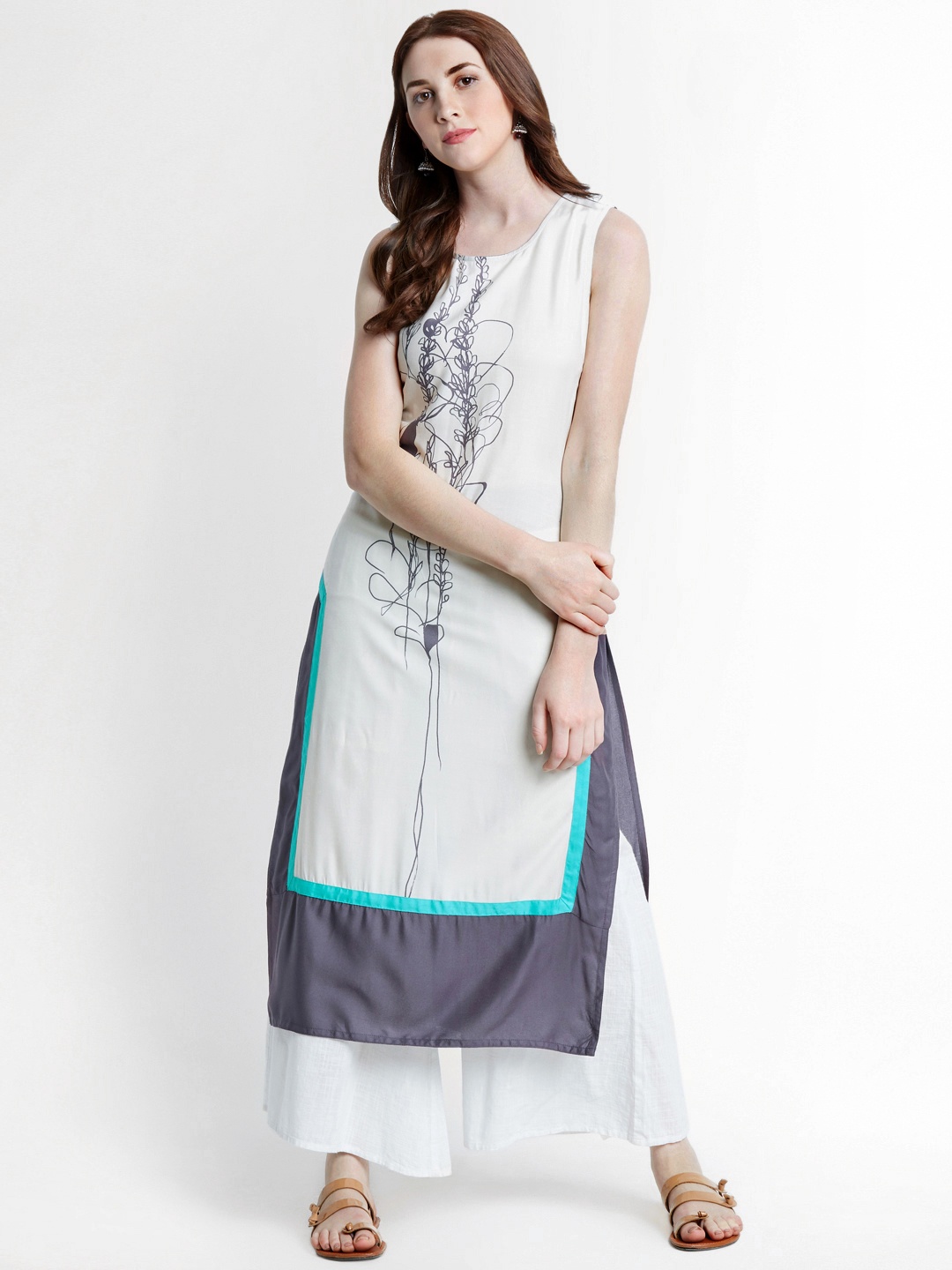 

RANGMANCH BY PANTALOONS Women Off-White & Grey Printed Straight Kurta