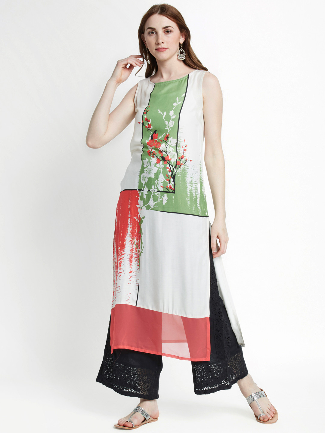 

RANGMANCH BY PANTALOONS Women White & Green Printed Straight Kurta