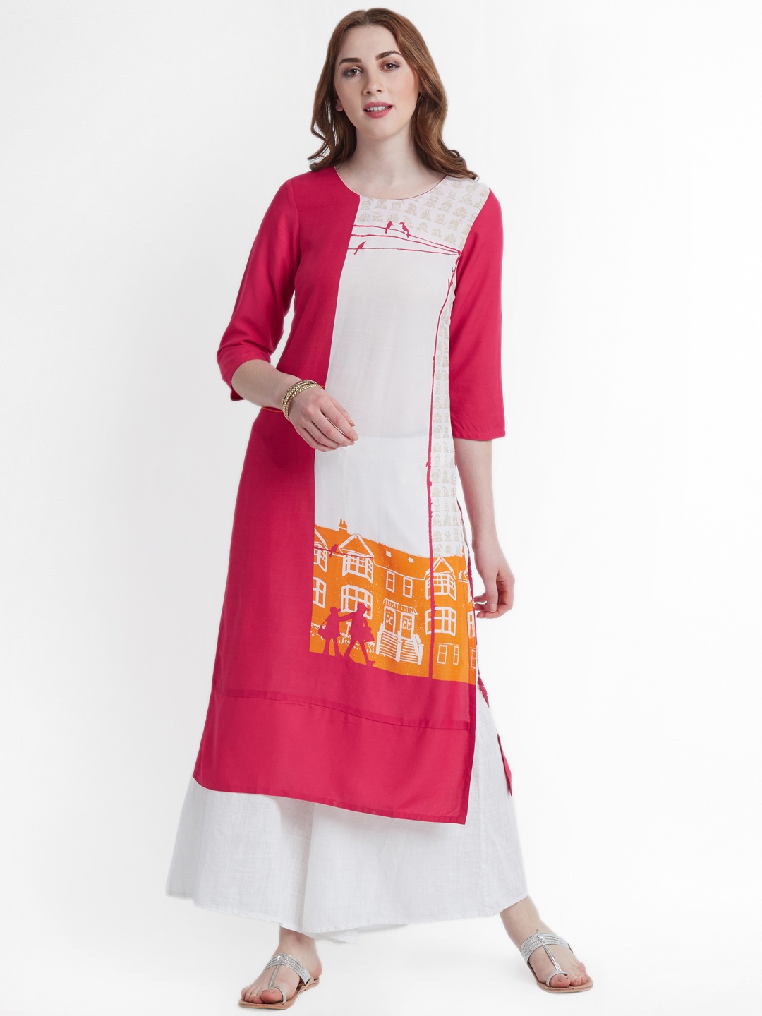 

RANGMANCH BY PANTALOONS Women Pink & White Printed Straight Kurta