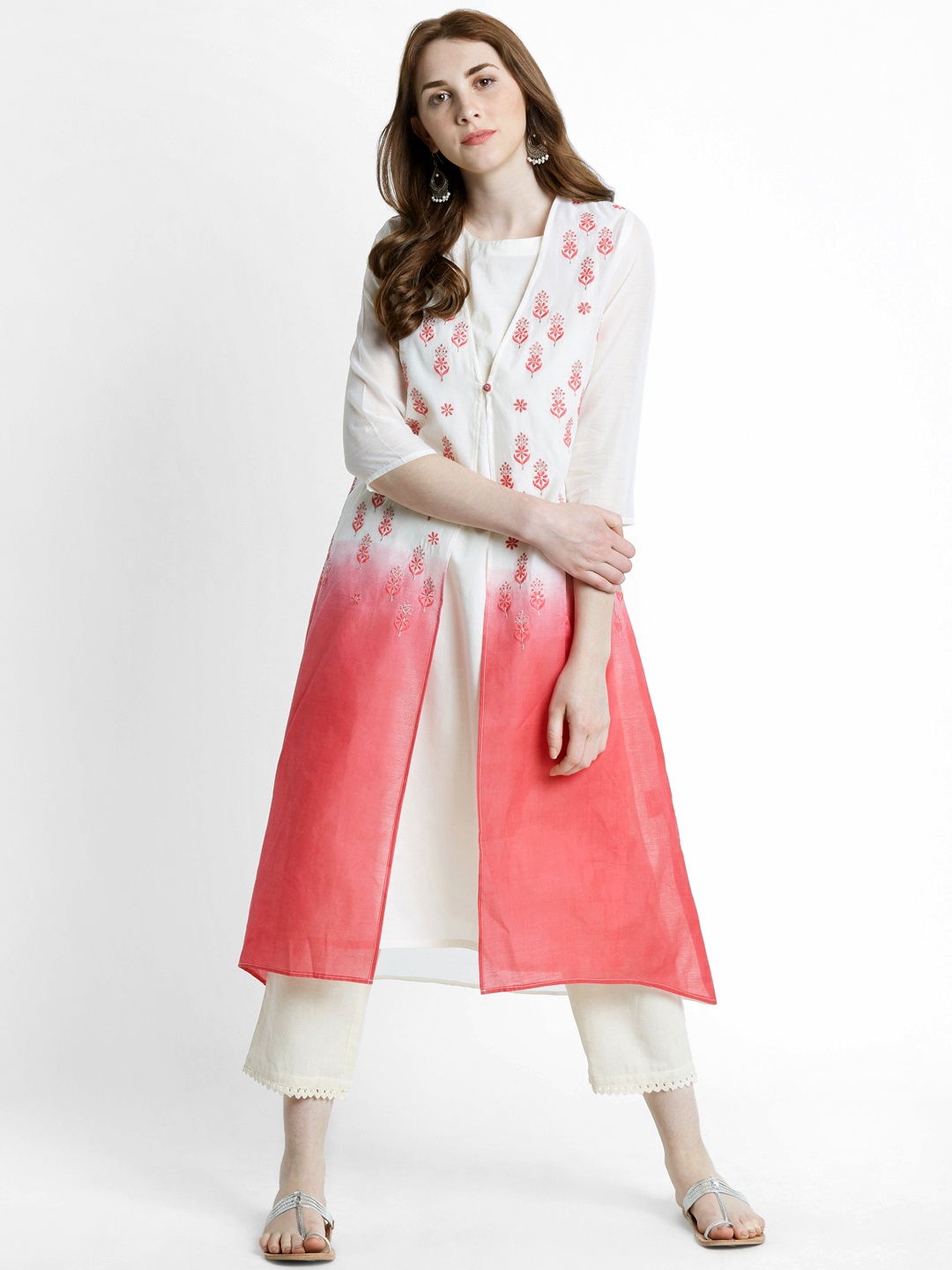

TRISHAA BY PANTALOONS Women Pink & Off-White Embroidered Kurta with Palazzos