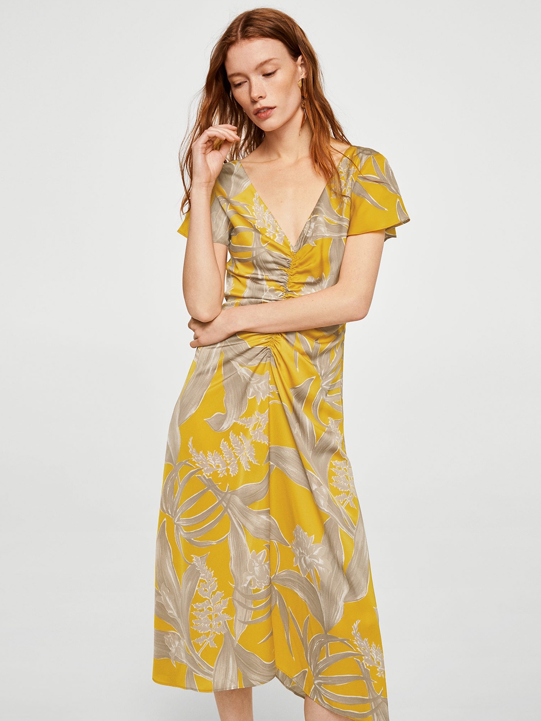

MANGO Women Mustard Yellow & Taupe Printed A-Line Dress