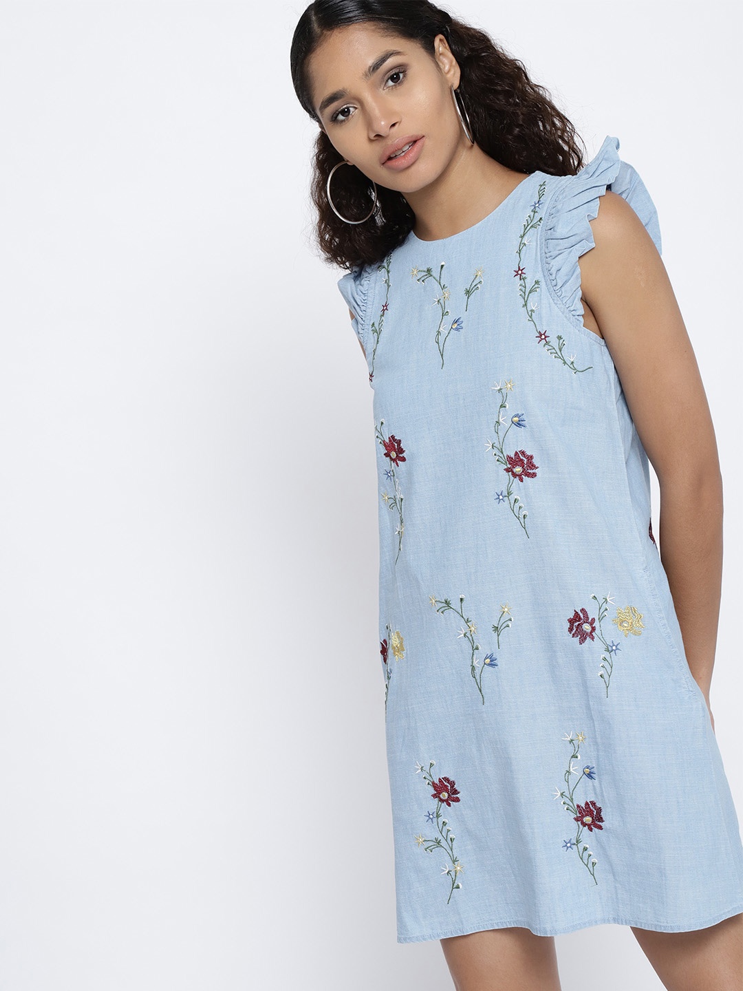 

MANGO Women Blue Floral Self Design A-Line Dress