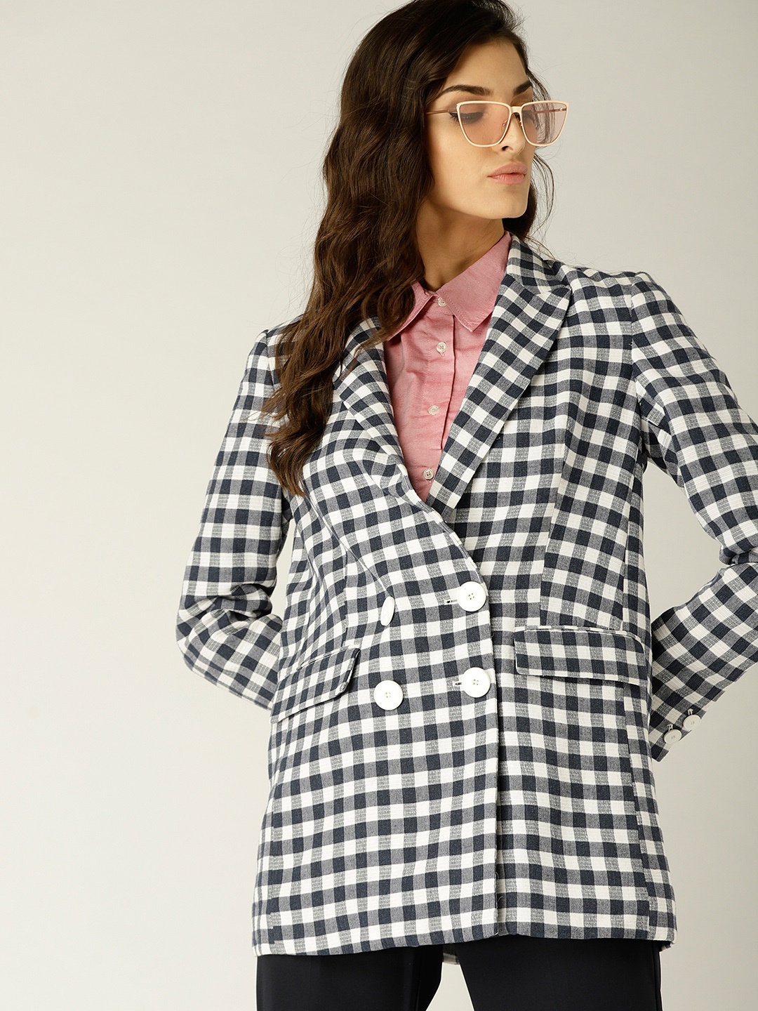 

MANGO Women Navy & White Checked Double-Breasted Blazer, Navy blue