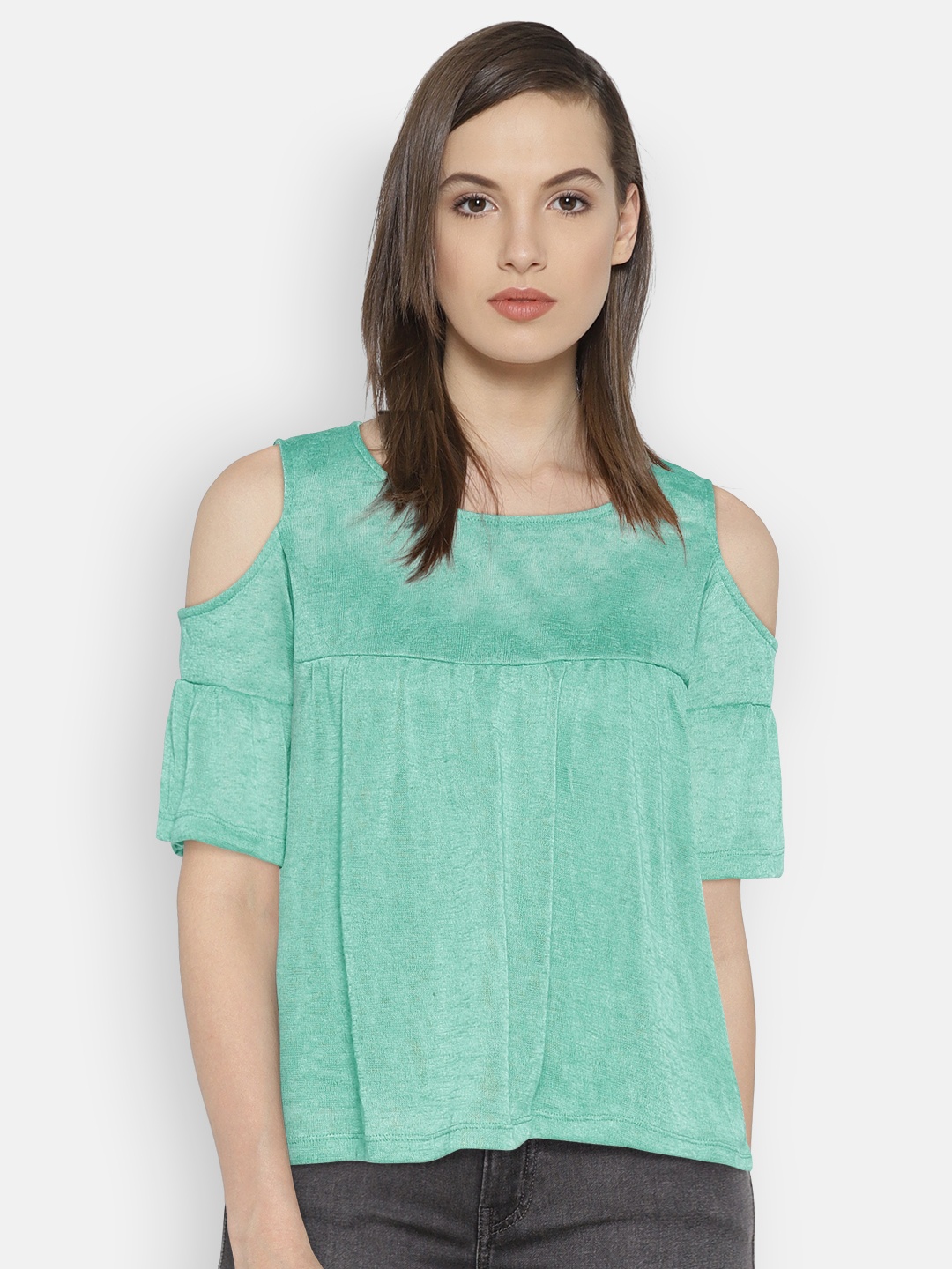 

Lee Cooper Women Sea Green Solid Cold-Shoulder Top