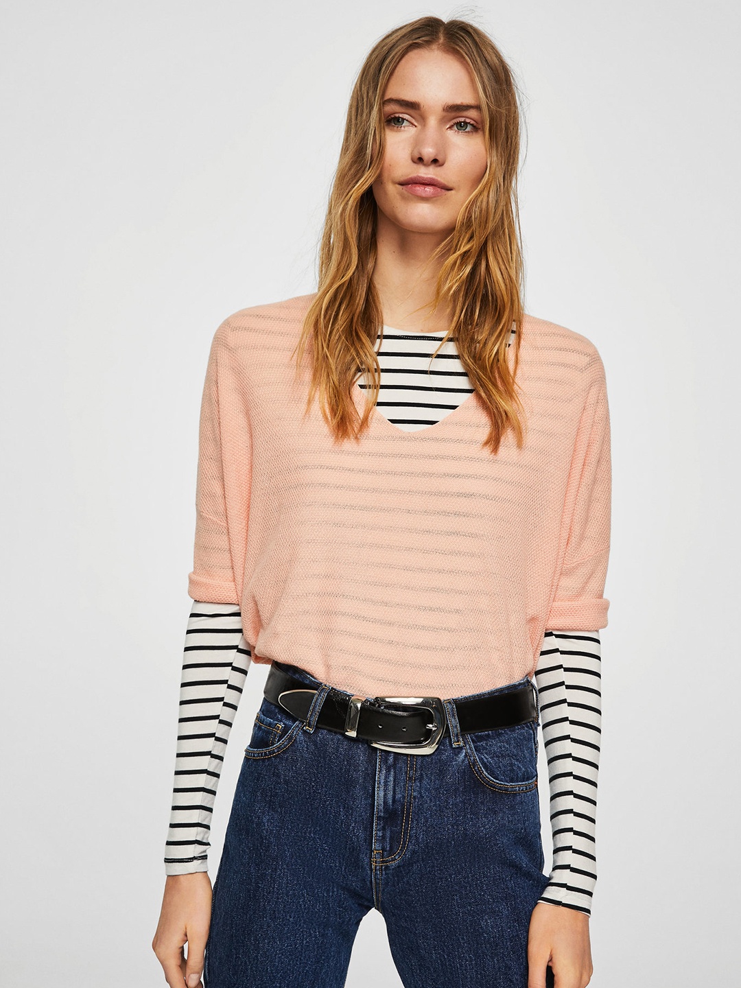 

MANGO Women Peach-Coloured Solid Boxy Top