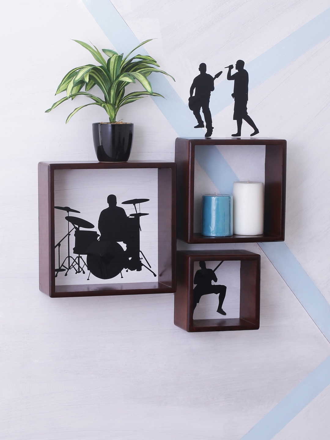 

Home Sparkle Set of 3 Brown MDF Basic Wall Shelves With Wall Stickers