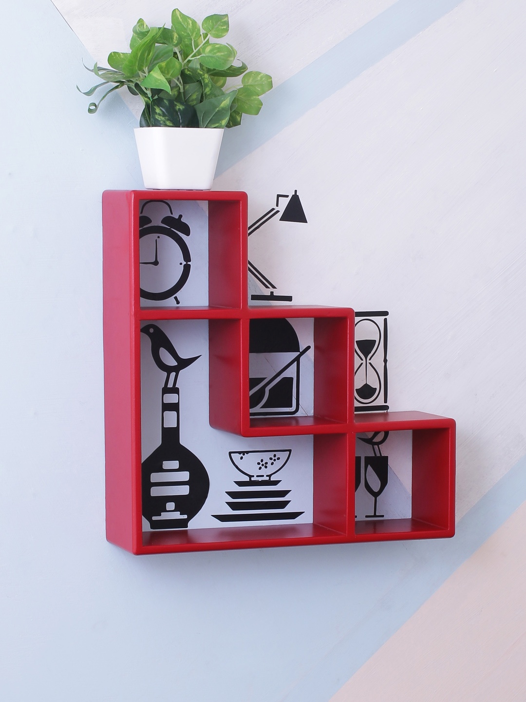 

Home Sparkle Red MDF Basic Wall Shelf With Wall Stickers