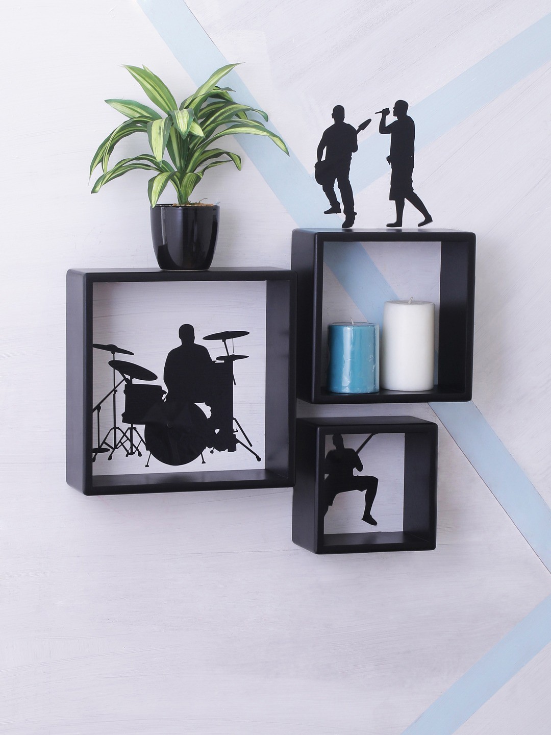 

Home Sparkle Black Set of 3 MDF Basic Wall Shelves With Wall Stickers