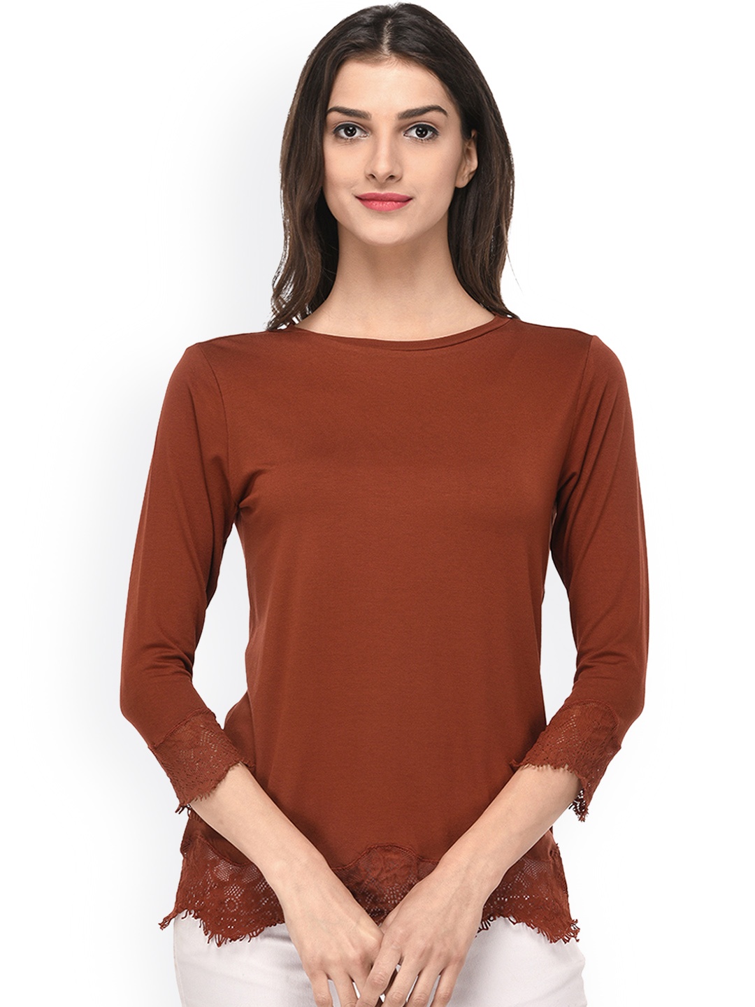 

PURYS Women Rust Brown Solid Round Neck T-shirt