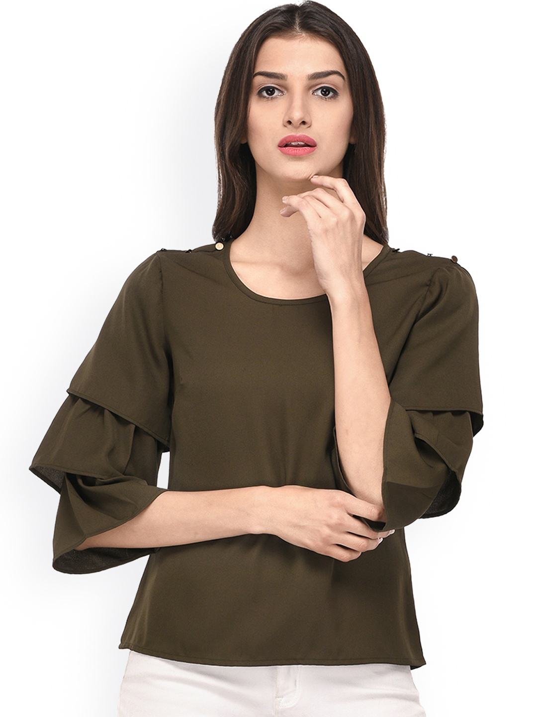 

PURYS Women Olive Green Solid Top