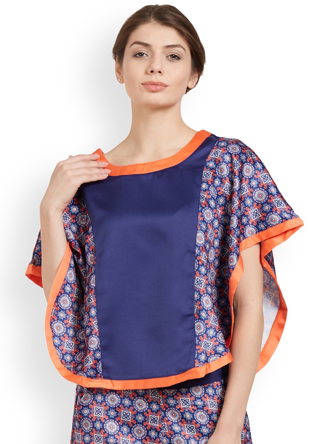 

Soie Women Navy Blue and Orange Poncho Panelled Lounge Top NT-69 TOPIE-1