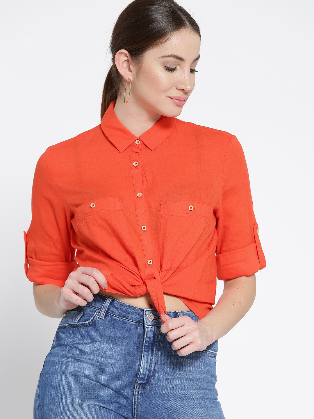 

MANGO Women Orange Regular Fit Solid Casual Shirt