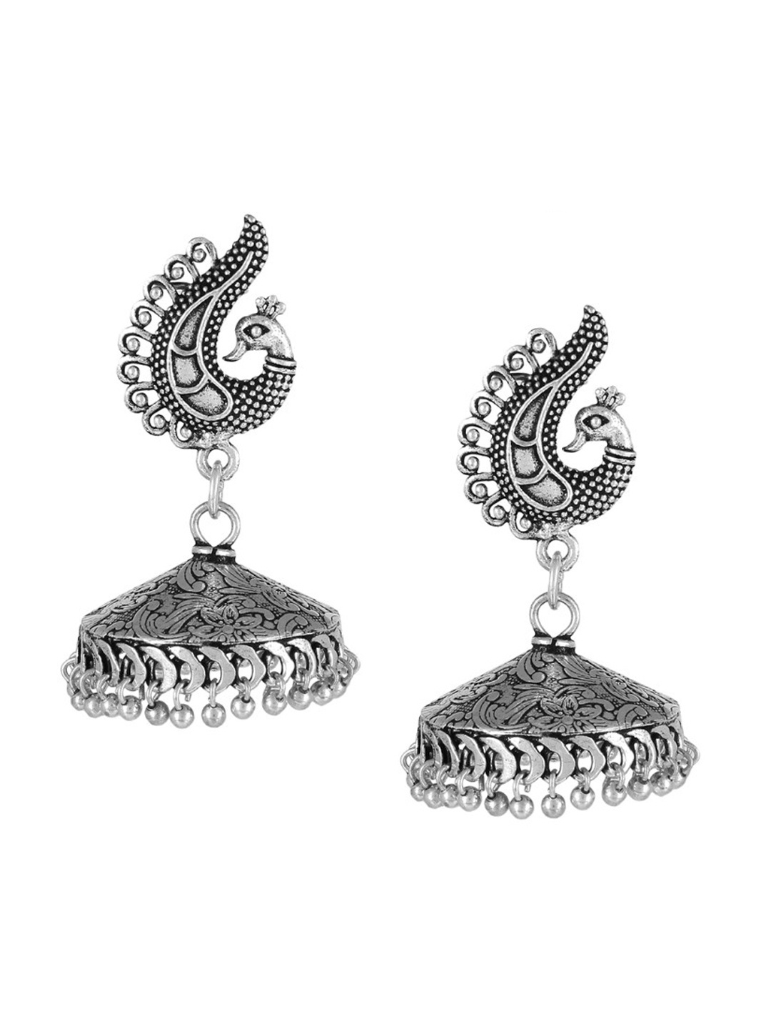 

Mali Fionna Silver-Toned Peacock Shaped Jhumka Earrings