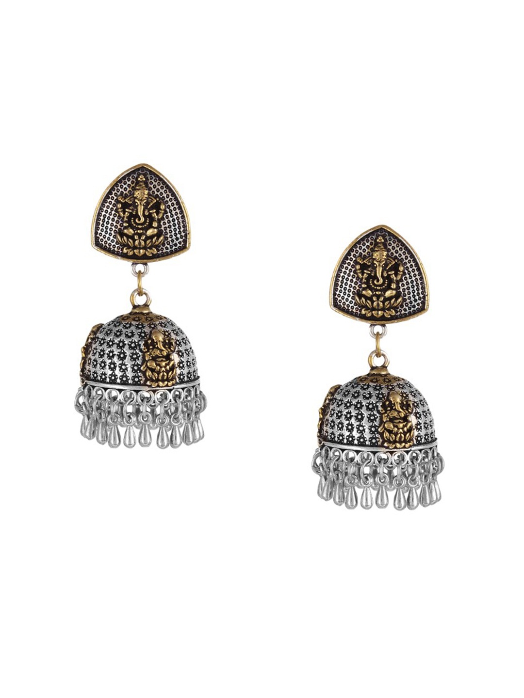 

Mali Fionna Gold-Toned & Silver-Toned Dome Shaped Drop Handcrafted Jhumka Earrings