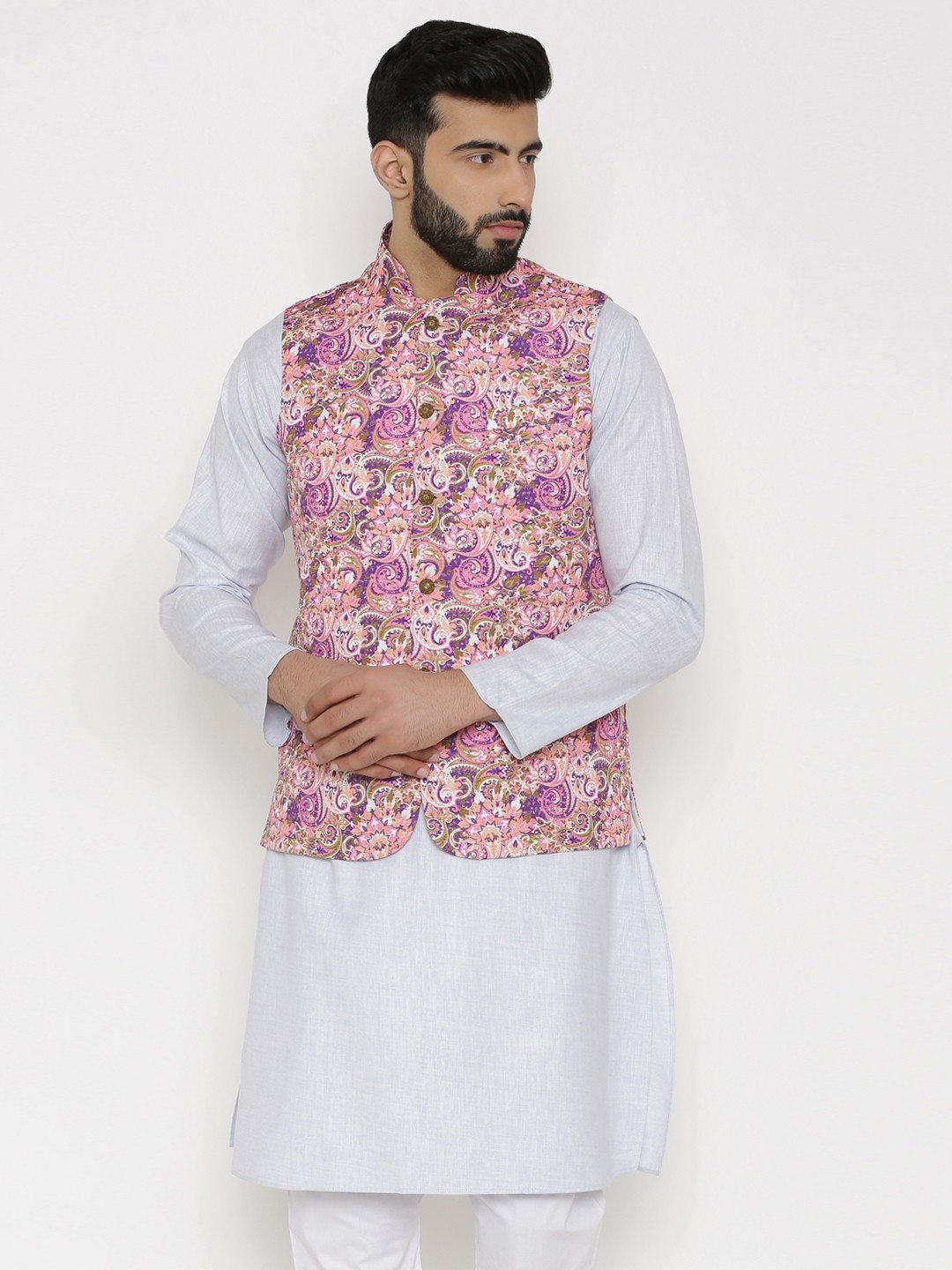 

Wintage Men Pink & Purple Printed Nehru Jacket