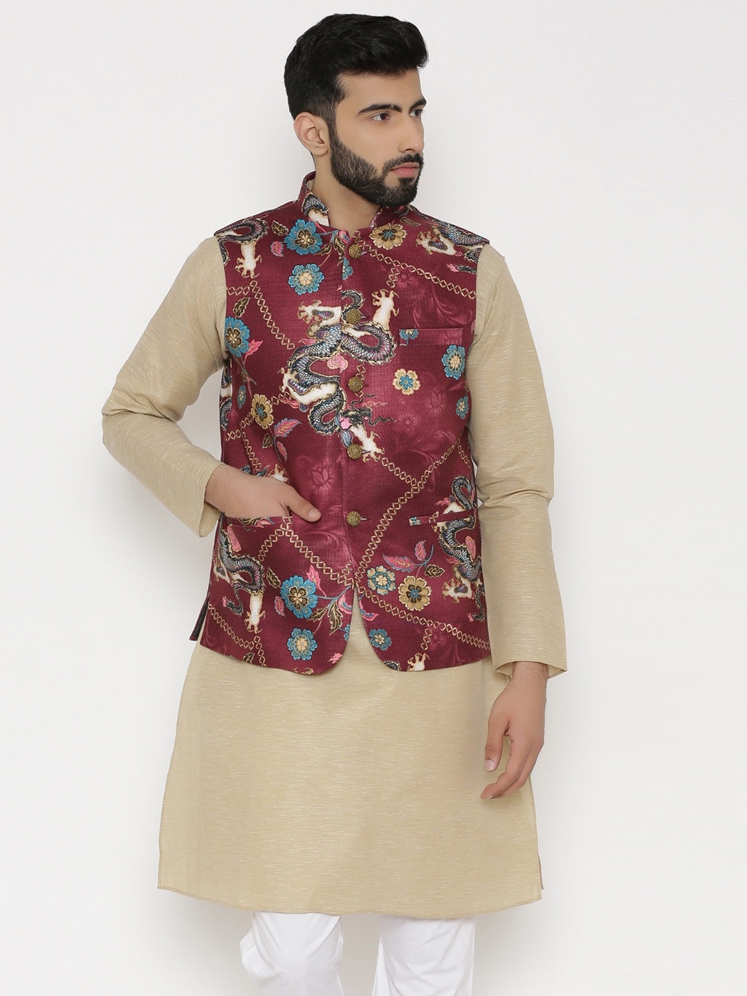

Wintage Men Maroon Floral Printed Nehru Jacket