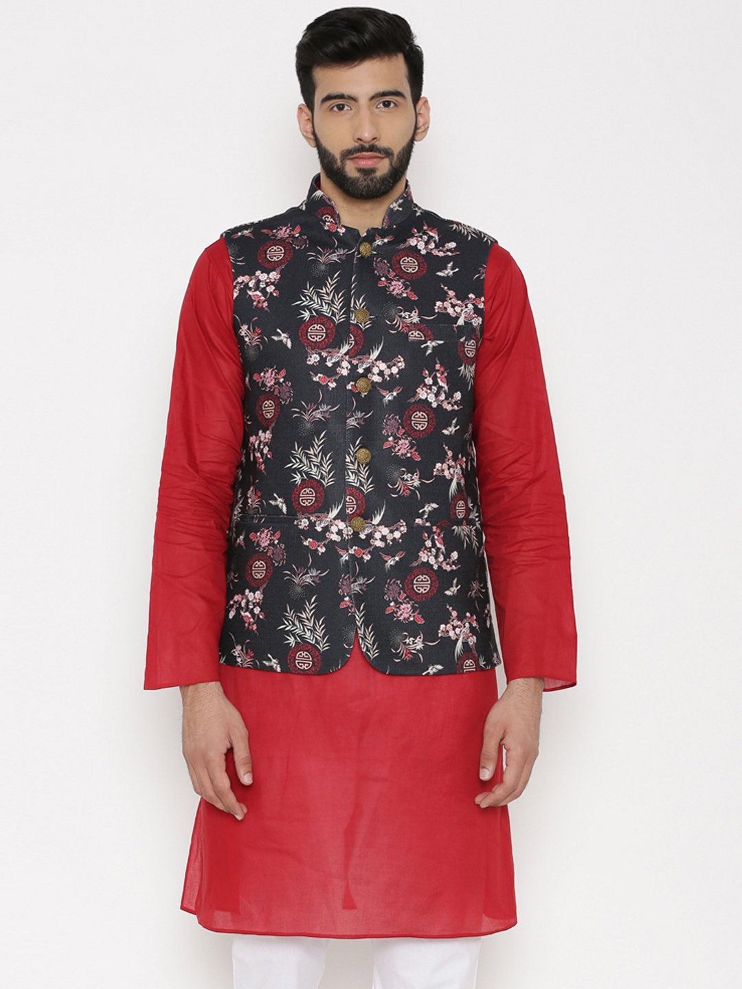 

Wintage Men Black Floral Printed Nehru Jacket
