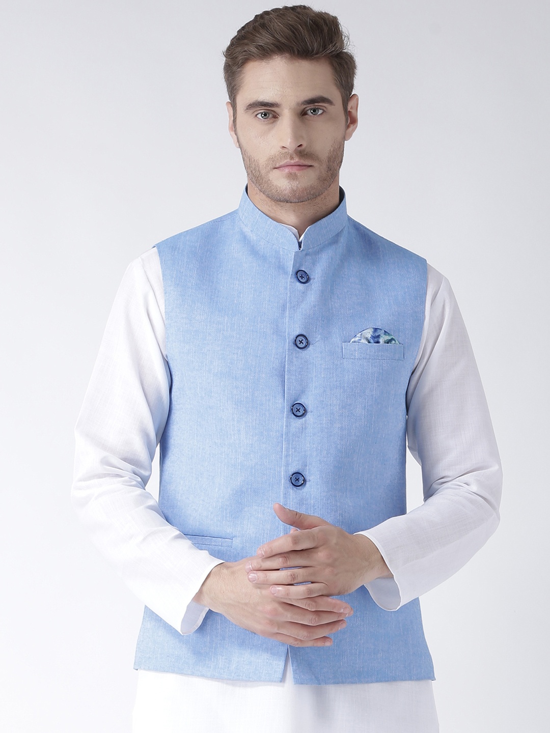

Hangup Men Blue Woven Linen Blend Nehru Jacket