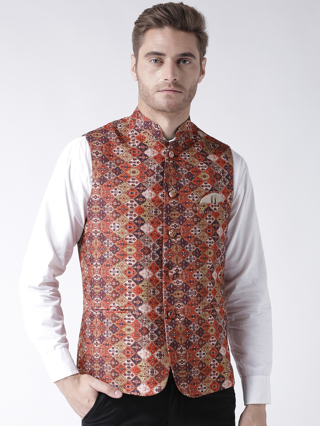 

Hangup Men Multicoloured Woven Printed Nehru Jacket, Multi